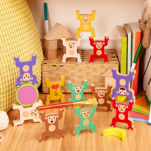 Miniatura 4 de Juguete de monos apilables de madera para niños pequeños - Anillos entrelazados coloridos - Desarrolla habilidades motoras finas y mano