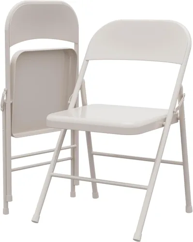 Juego de 2 sillas plegables beige, sillas de metal apilables resistentes con almohadillas antideslizantes para uso en interiores y exteriores en