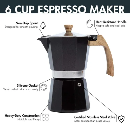 Miniatura 2 de Primula Cafetera espresso de aluminio para estufa, cafetera percoladora para moka, café cubano, capuchino, café con leche y más, perfecta para Negro