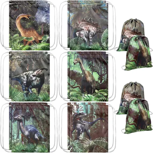12 bolsas de recuerdos de fiesta de dinosaurios, regalo de dinosaurio con cordón, suministros de fiesta de cumpleaños, bolsas de regalo, mochila de