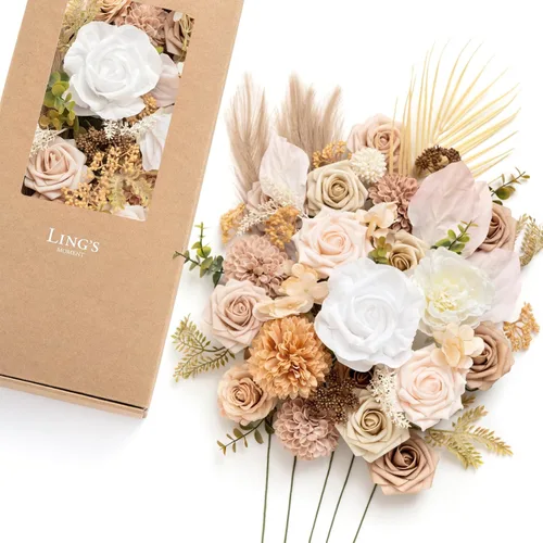 Ling's moment Caja de Flores Falsas, Tallos de Vegetación Artificial Falsa Rosas de Espuma Dalia Hortensia de Seda Peonía Flor de Tela para Centros