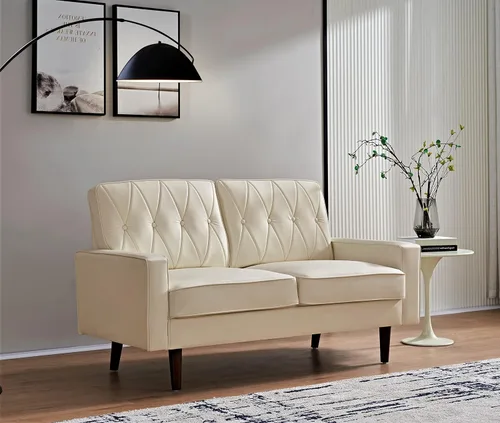 Miniatura 5 de Container Furniture Direct Sofá biplaza de piel sintética de estilo moderno con elegantes patas redondas cónicas y respaldo copetudo con botones