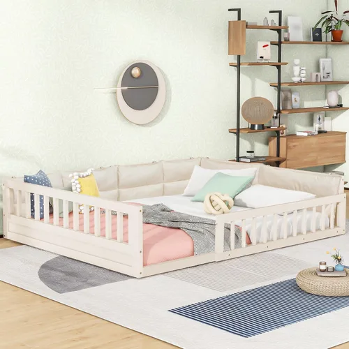 Cama de plataforma de tamaño matrimonial con valla, plataforma tapizada de madera con barandilla y almohada, color beige
