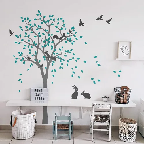 Miniatura 10 de Adhesivo decorativo de pared de árbol grande con pájaros, ardillas y conejos, conejos, decoración de guardería 095 (todo blanco)