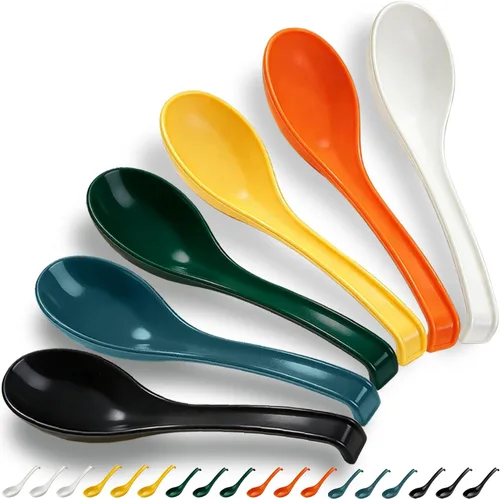 Kyraton Juego de 24 cucharas de sopa asiática con mango largo fácil de sostener, cuchara japonesa de plástico irrompible para ramen, wonton chino y