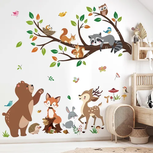 Miniatura 7 de decalmile Calcomanías de Pared de Rama de Árbol de Animales de la Selva Safari Mono Jirafa León Pegatinas de Pared Guardería Habitación de Niños