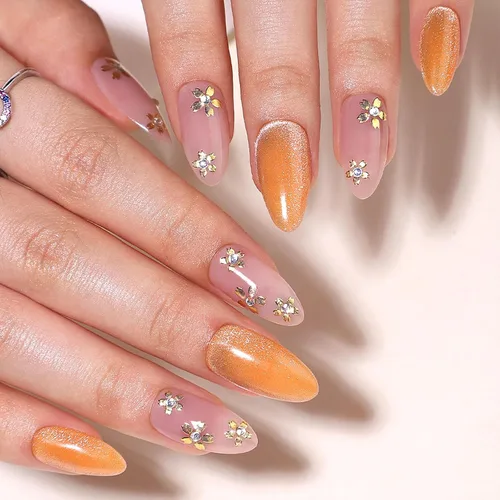 Miniatura 11 de Uñas postizas medianas a presión de almendra, con lazo 3D, perlas y diamantes de imitación, diseños de flores, uñas adhesivas, uñas acrílicas