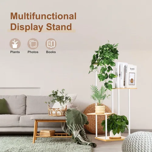 Miniatura 6 de Soporte para plantas de 4 niveles para interiores y exteriores, estante de esquina de metal de madera, múltiples estantes para macetas, estante