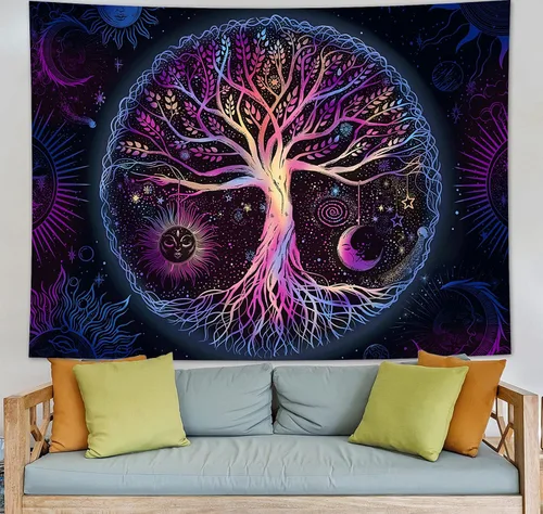 Miniatura 4 de FORATER Tapiz de árbol de la vida, para colgar en la pared, colorido árbol de la vida, tapiz estético de sol y luna, galaxia para dormitorio, sala