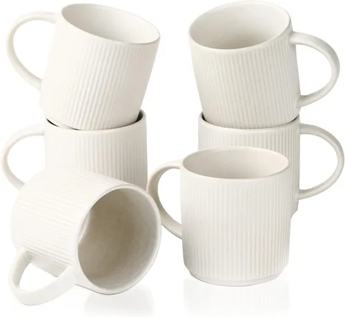 Juego de Tazas de Café Famiware para 6, Tazas de 12 oz con Asa para Café, Té, Cacao, Leche - Juego de Vajilla de Cerámica y Gres, Blanco Mate Blanco