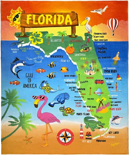 Florida Beach Blanket 54 x 68 inch Beach Towel 100% Cotton Family Size (Florida Fun Map, One Towel)