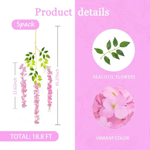 Miniatura 3 de Paquete de 5 guirnaldas de flores colgantes de glicina rosa, enredaderas de flores artificiales de 3.77 pies, glicinia falsa, guirnalda colgante