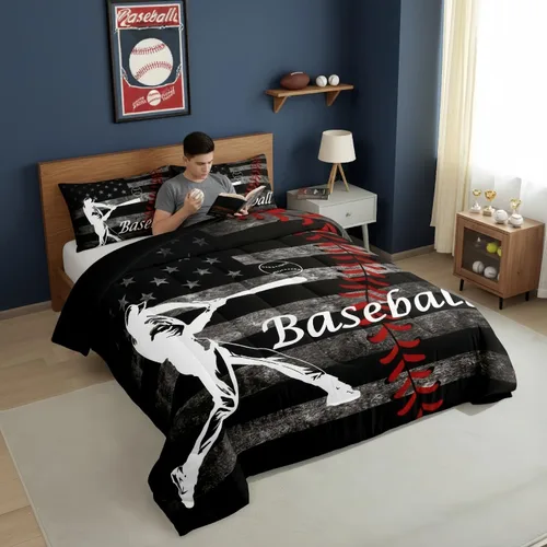 Miniatura 4 de Erosebridal Juego de edredón de béisbol para niños, ropa de cama vintage con bandera americana, tamaño Queen para adultos, niñas, niños