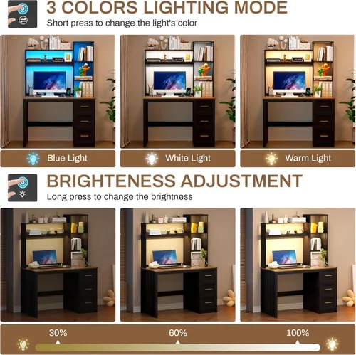 Miniatura 6 de LVSOMT Escritorio de Oficina en Casa de 40" con Estante Superior y Cajones, Escritorio para Computadora con Tomas de Corriente y Luz LED, Mesa