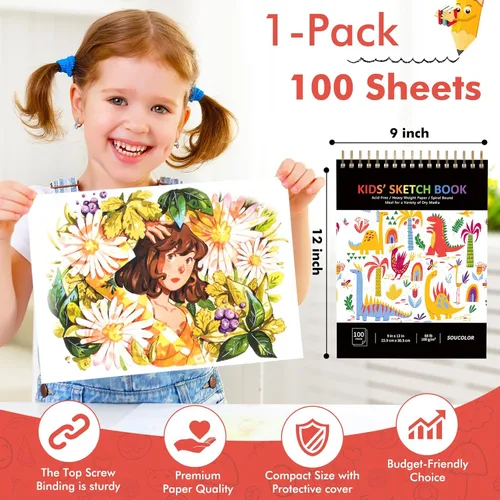 Miniatura 6 de Soucolor Cuaderno de bocetos para niños: 9 x 12 pulgadas, 100 hojas de papel de dibujo sin ácidos, encuadernado en espiral. Bloc de dibujo ligero