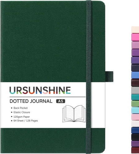 Miniatura 68 de Cuaderno punteado, diario, 5.3 x 8.26 pulgadas, tapa dura, prémium, papel grueso, doble espiral, bandas, cuero negro sintético, lazo para bolígrafo