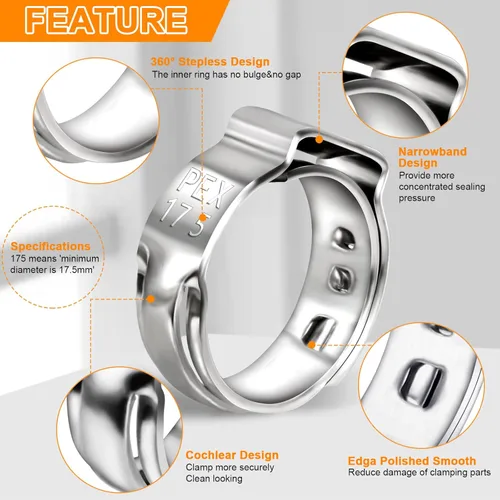 Miniatura 4 de Paquete de 120 abrazaderas de cincha PEX de 1/2 pulgada, anillos de crimpado de presión de acero inoxidable 304 de primera calidad, abrazadera