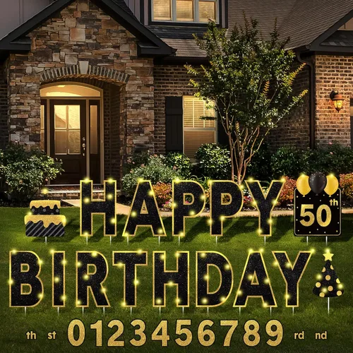 Yerliker 16 piezas de carteles de feliz cumpleaños para patio con estacas, luces LED de 32.8 pies, 42 piezas de adhesivos numéricos, carteles de
