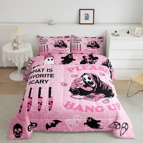 Miniatura 40 de Feelyou Juego de edredón de Halloween, color rosa fantasma, juego de ropa de cama tamaño individual, decoración para niños y niñas, lindo juego