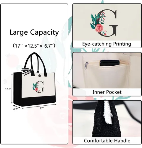 Miniatura 26 de Bolsa de lona con inicial, regalos de cumpleaños personalizados para mujeres, madres, amigas y profesoras, bolsas de mano con monograma adecuadas