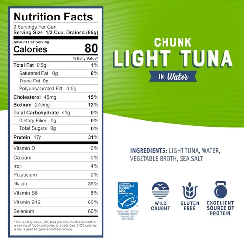 Miniatura 2 de Bumble Bee - Atún en trozos ligero en agua, lata de 340 g - Atún Skipjack capturado salvajemente - 17 g de proteína por porción - MSC Certificado