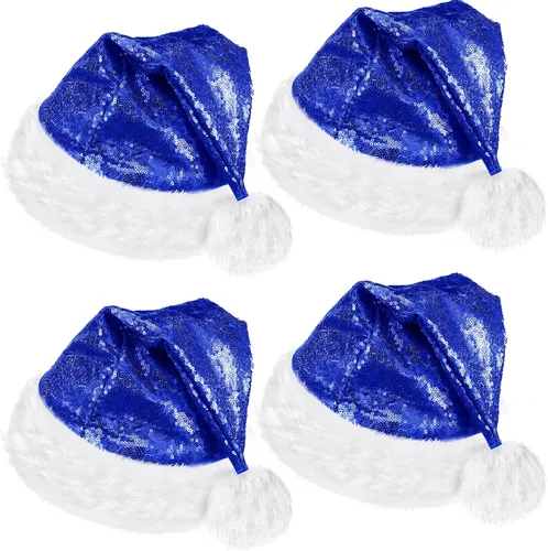Miniatura 10 de SATINIOR 4 Piezas Sombreros de Papá Noel de Felpa, Unisex de Terciopelo para Navidad a Granel con Forro Cómodo para Fiestas, Vacaciones, Navidad Azul