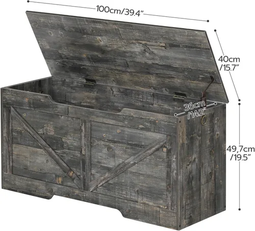 Miniatura 6 de HOOBRO Banco de almacenamiento, baúl de almacenamiento de madera retro de 39.4" con tirador recortado en forma de U, bisagra de seguridad, soporta