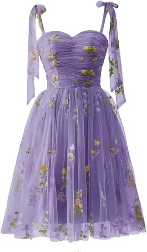 Fivsole Vestido corto con bordado de flores para adolescentes, vestido de tul con tirantes delgados, mini formal, cóctel, fiesta de noche, vestidos