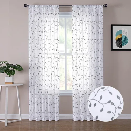 Miniatura 25 de Tollpiz Cortinas Cortas Transparentes de Hojas con Bordado de Hojas Grises, Cortinas de Dormitorio con Bolsillo para Barra, Voile de Lino Sintético
