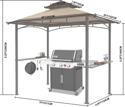 Miniatura 2 de MASTERCANOPY Gazebo de parrilla de 8 x 5 para exteriores, toldo con 2 luces LED (costuras marrones caqui)