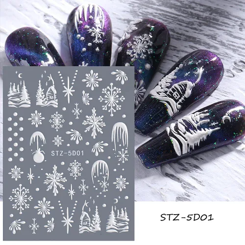 Miniatura 4 de Calcomanías de arte de uñas de copo de nieve, 5D en relieve, Navidad, blanco, 4 hojas (copos de nieve A)