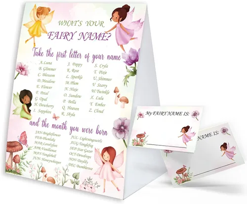 Letrero de juego con nombre de hadas con etiquetas adhesivas para baby shower, decoración de baby shower, juego de fiesta de cumpleaños, juegos de