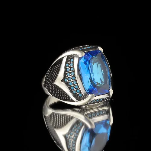 Miniatura 3 de 925 Sterling Silver Men's Ring with Blue Topaz Stone, Handmade Blue Topaz Stone Silver Ring, Gift for Him