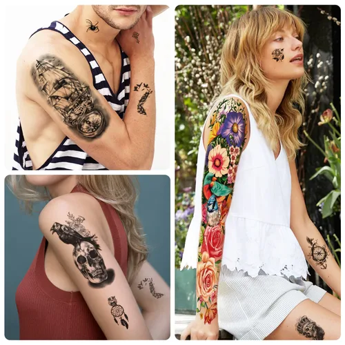 Miniatura 6 de 55 hojas de tatuajes temporales para hombres y mujeres, 8 tatuajes falsos de brazo completo, 17 tatuajes de flores de calavera falsa de medio brazo