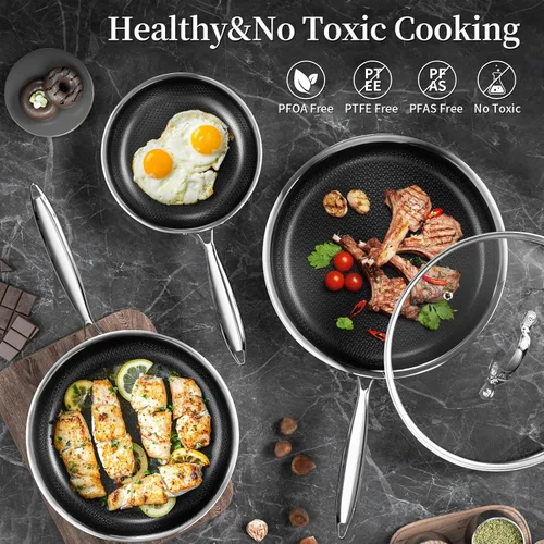 Miniatura 9 de Sartén antiadherente de 8 pulgadas con tapa, sartén antiadherente de acero inoxidable tri-capa de cerámica de titanio con tapa, sartén híbrida
