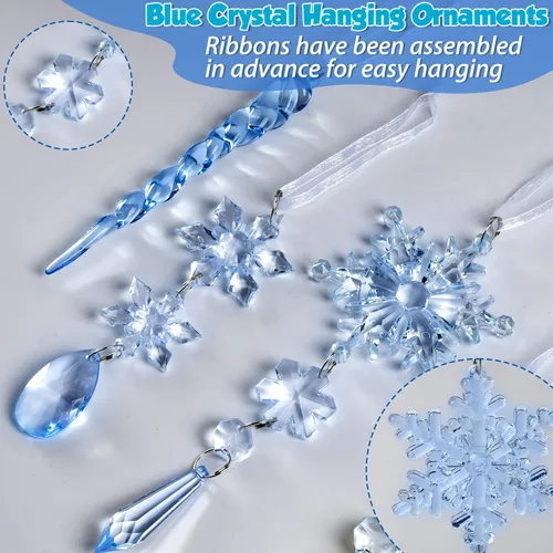 Miniatura 3 de GuassLee 36 piezas Adornos de Cristal para Árbol de Navidad - Copos de Nieve Acrílicos Azules Carámbanos Gota Cristal Adornos Colgantes para Árbol