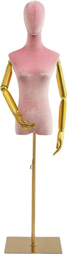 Torso de maniquí femenino con cabeza y brazos, altura ajustable de 59 a 79 pulgadas, forma de vestido de terciopelo galvanizado rosa en base de