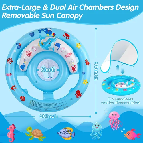 Miniatura 3 de Flotador de piscina para bebé con toldo de protección solar UPF50+, flotador inflable de natación con consola de juegos de animales y bomba de aire