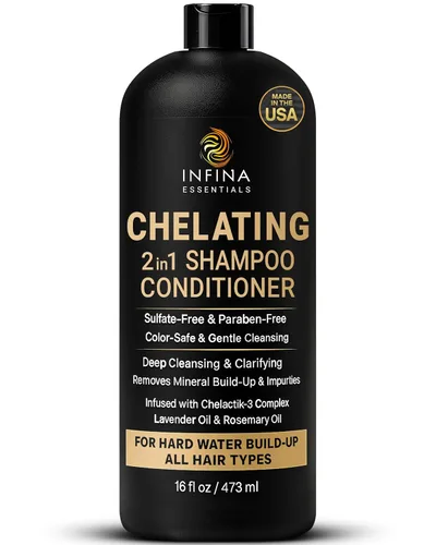 Champú y acondicionador de agua dura - Limpiador quelante 2 en 1 para eliminación de acumulaciones, cabello suave y brillante - Con complejo