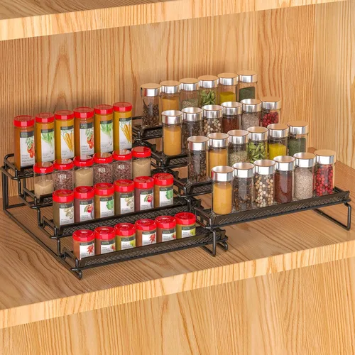 Organizador de especias ajustable de 4 niveles para gabinete, color negro (2 piezas S & L) estante de especias expandible con barandilla de