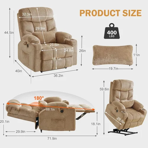 Miniatura 2 de CDCASA Silla Reclinable de Elevación Eléctrica de Gran Tamaño con Doble Motor que se Recuesta Completamente con Masaje, Calefacción, Textil