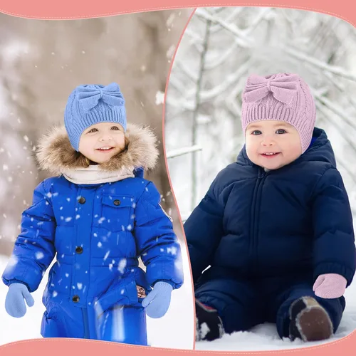 Miniatura 26 de SATINIOR 3 Set Toddler Hat Glove Set, Kids Winter Hats Warm Knitted Beanie Mittens Gloves with Bow for Baby Girls Boys 0-6Y