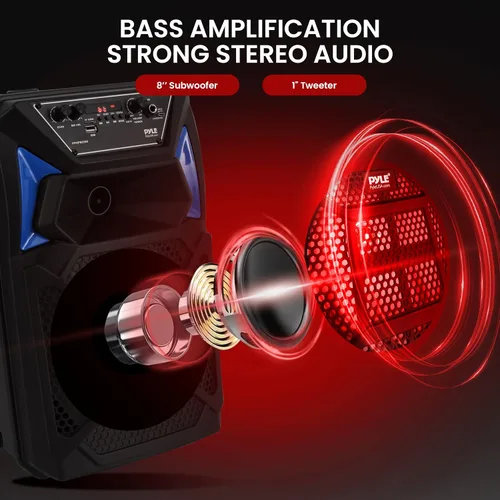 Miniatura 2 de Pyle Altavoz PA Bluetooth y sistema de micrófono, altavoz de karaoke portátil con micrófono con cable, luces LED de fiesta integradas, radio FM