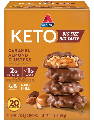 Atkins Racimos de Almendra y Caramelo, Sin Gluten, Alto en Fibra, 1g de Azúcar, 2g de Carbohidratos Netos, Apto para Keto, 20 Unidades