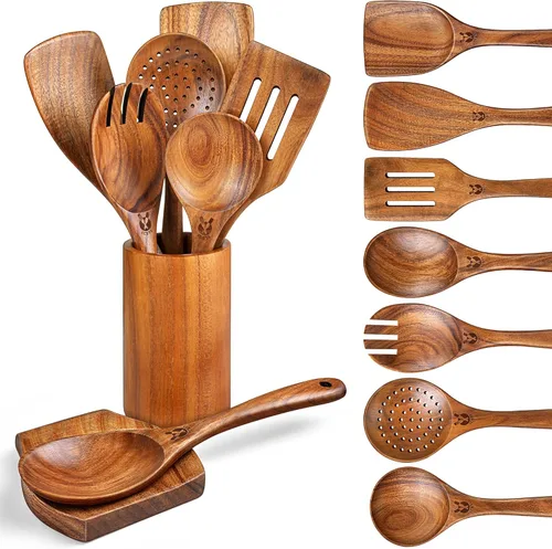 Miniatura 9 de Cucharas de madera para cocinar, 6 piezas, juego natural de utensilios de cocina de madera de teca, juego de utensilios de cocina con mango largo