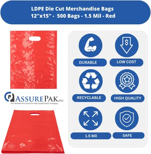 Miniatura 3 de ASSUREPAK Bolsas de mercancías troqueladas de LDPE - 500 bolsas - 12"x15" - 1.5 mil - Rojo - 1215DCRED