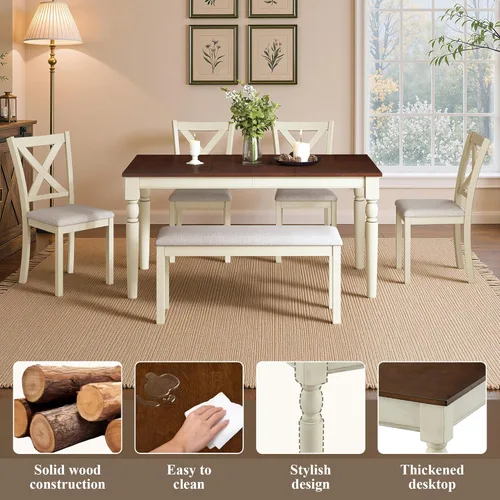 Miniatura 4 de LUXOAK Juego de mesa de comedor de madera maciza de 60 pulgadas para 6, mesa de cocina de granja con 4 sillas tapizadas y banco, 6 piezas de muebles
