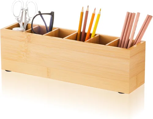 Miniatura 10 de Jetec Portalápices de madera para escritorio, 6 compartimentos, organizadores de escritorio de oficina de madera para encimera, organizador