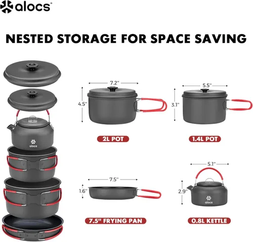 Miniatura 8 de Alocs Camping Cookware Set Camping Gear, Compact Camping Pots and Pans Set, Durable Hard Alumina Camping Cooking Set for Outdoor Backpacking Camping