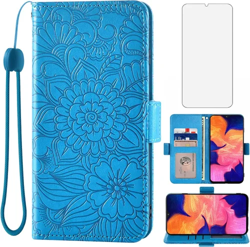 Asuwish Compatible con Samsung Galaxy A10e - Funda tipo cartera y protector de pantalla de vidrio templado, soporte magnético de cuero con tapa para